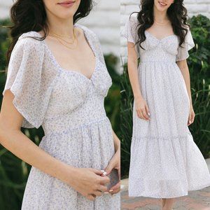 NEW Romantic Ethereal Ditsy Floral Chiffon Sweetheart Neckline Midi Maxi Dress